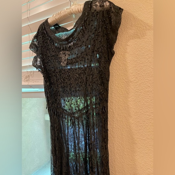 VTG  Y2K JASMINE BY KVM  Black Lace sheer Gothic Maxi Dress Beaded Trim Flapper - Picture 7 of 17